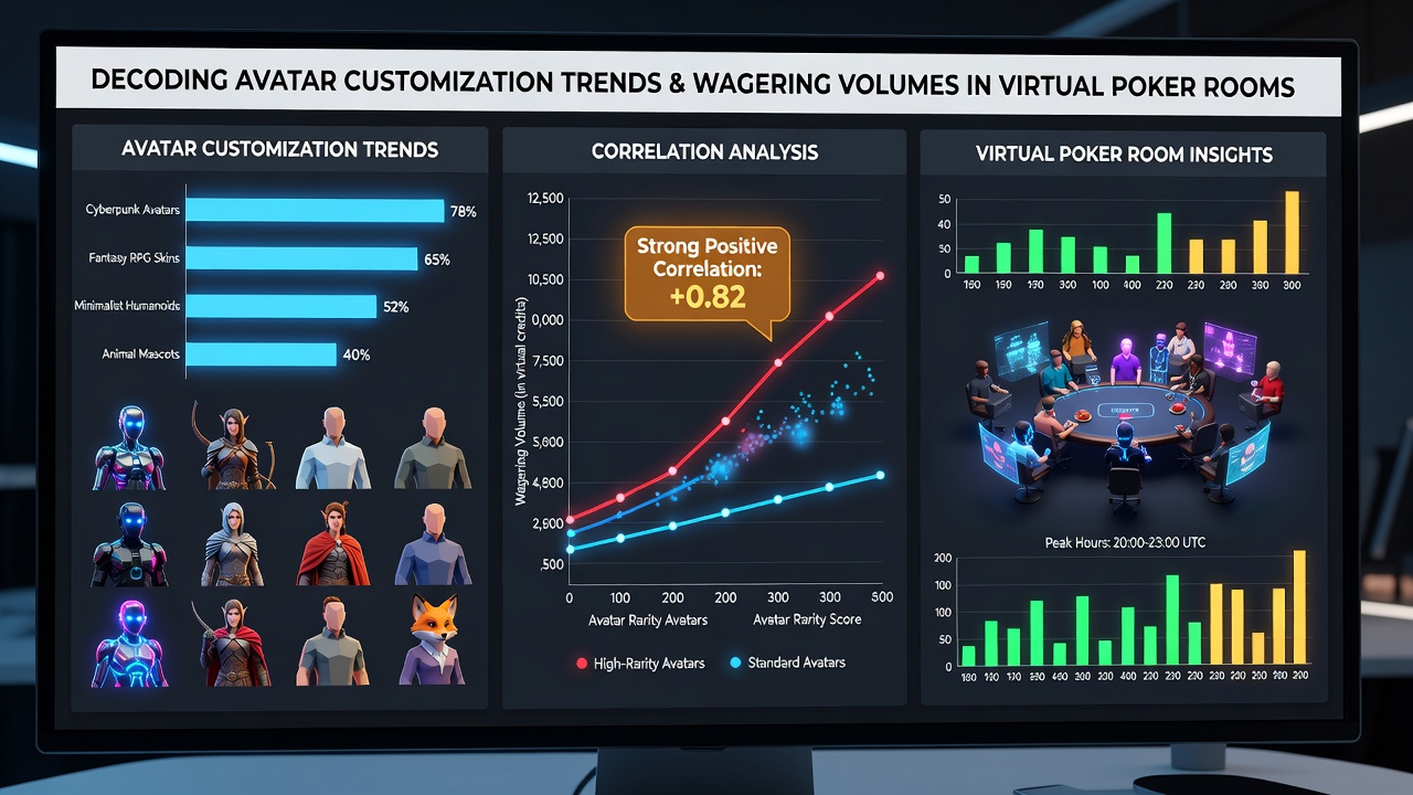 Analyse-Dashboard mit Grafiken zu Avatar-Anpassungen und korrelierten Wettvolumina in Poker-Apps