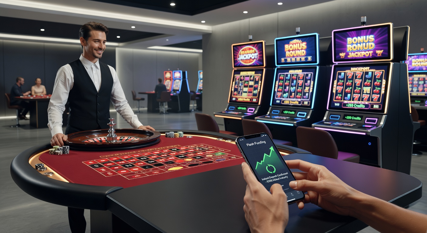 Live-Dealer-Roulette-Tisch mit Slots im Vordergrund und Overlay von Instant-Zahlungs-Icons, die schnelle Transfers symbolisieren