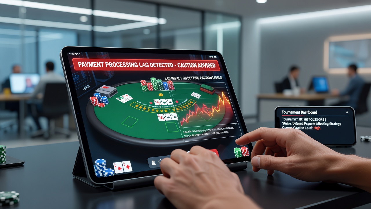 Spieler analysiert Blackjack-Hand auf Tablet während Zahlungsverzögerung