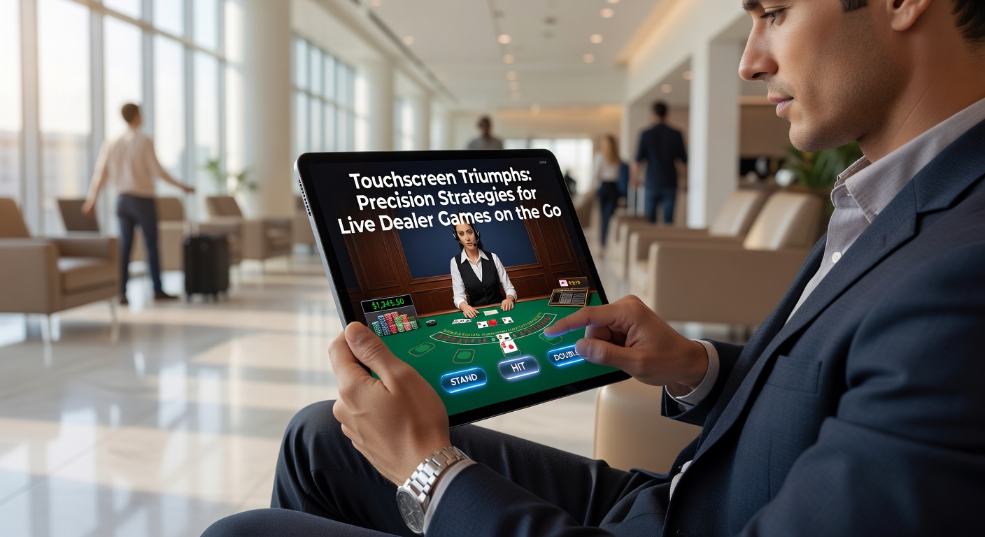 Spielerhand auf Tablet-Touchscreen mit Live-Roulette-Tisch, Einsätze werden per Swipe platziert, Dealer im Hintergrund sichtbar